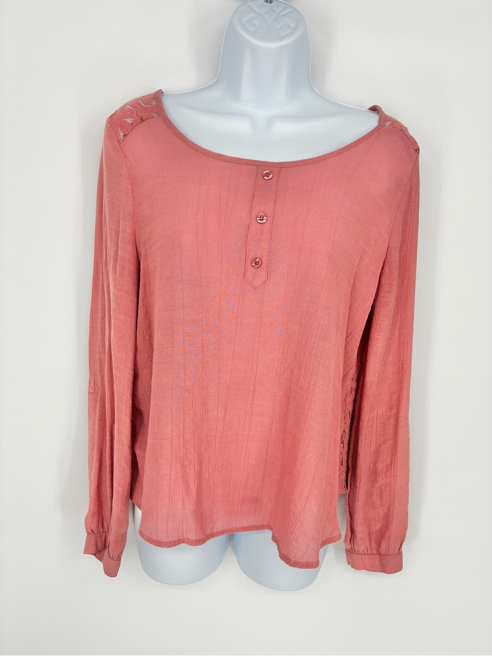 Mine Rose Pink Lace Back Cage Strap Henley Blouse Long Sleeve Size M